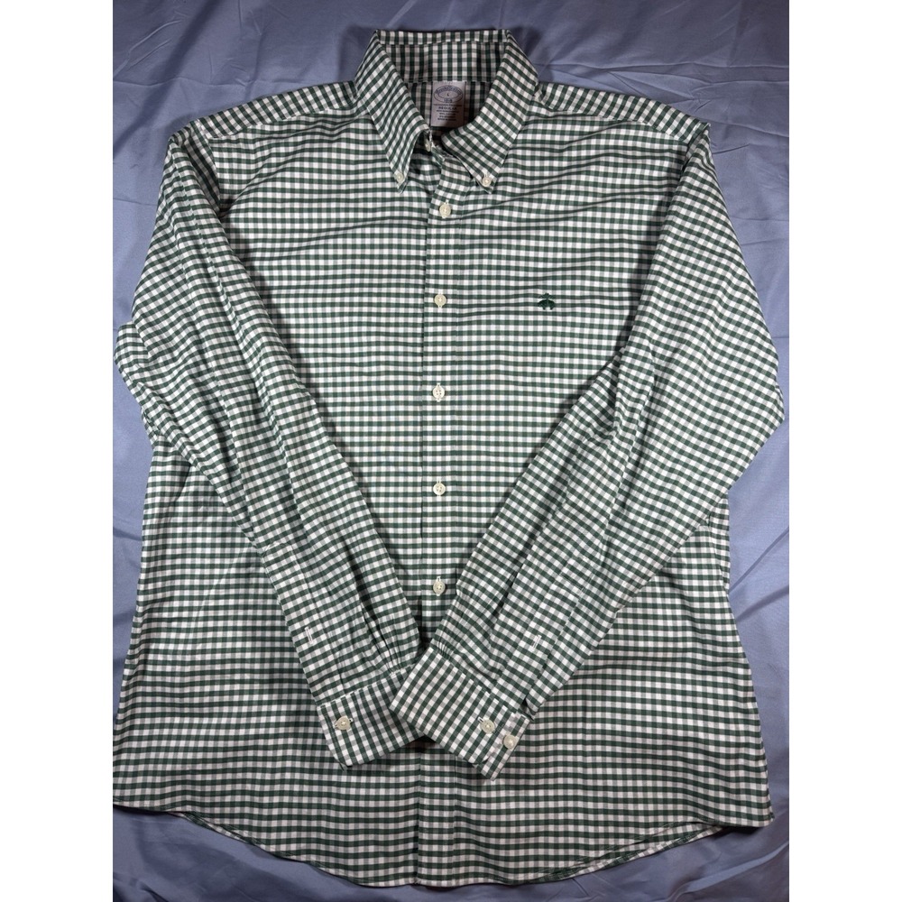 Brooks Brothers Men's 1818 Green & White Gingham LS Button Up Short Size Large